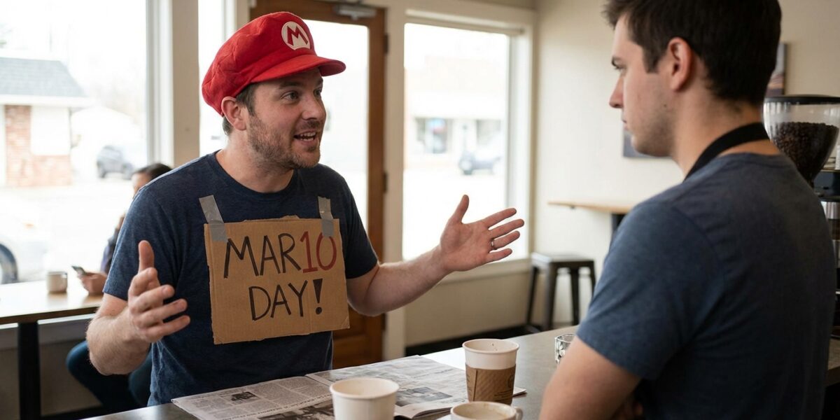 Image for: Man Spends MAR10 Day Explaining To Everyone Around Him That Today Is Mario Day, Reports Declining Returns