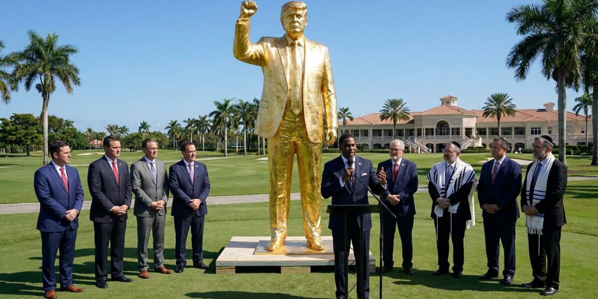 Image for: Pastor Mark Burns Dedicated A 22-Foot Gold Statue Of Donald Trump At A Florida Golf Course And Then Issued The Single Most Theologically Indefensible Press Release In Recent Memory; The Press Release Specifically Stated That The Gold Statue Is Not A Golden Calf; Douglas Has Read Exodus Chapter 32; The Statue Is Called Don Colossus; It Was Funded By A Memecoin Called $PATRIOT