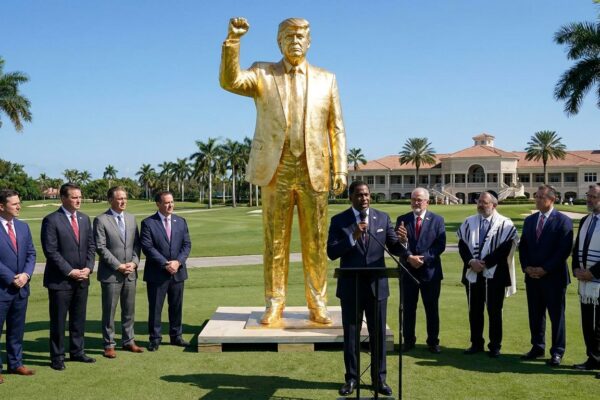 Image for: Pastor Mark Burns Dedicated A 22-Foot Gold Statue Of Donald Trump At A Florida Golf Course And Then Issued The Single Most Theologically Indefensible Press Release In Recent Memory; The Press Release Specifically Stated That The Gold Statue Is Not A Golden Calf; Douglas Has Read Exodus Chapter 32; The Statue Is Called Don Colossus; It Was Funded By A Memecoin Called $PATRIOT