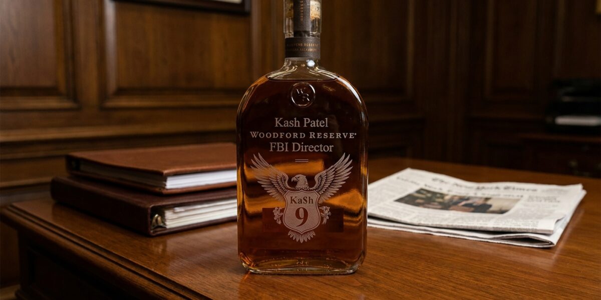 Image for: The FBI Director Has Personalized Bourbon Bottles Engraved With 'Ka$h' And The FBI Seal; He Travels With Them On DOJ Aircraft; He Left One In A Locker Room In Milan; He Is Suing The Reporter Who Found Out; The FBI Is Investigating How She Found Out; The Bottles Are Woodford Reserve; The Dollar Sign Is In His Name; The Eagle Is Holding A Number 9; A Former FBI Official Burst Out Laughing When Asked About It