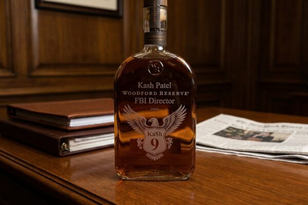 Image for: The FBI Director Has Personalized Bourbon Bottles Engraved With 'Ka$h' And The FBI Seal; He Travels With Them On DOJ Aircraft; He Left One In A Locker Room In Milan; He Is Suing The Reporter Who Found Out; The FBI Is Investigating How She Found Out; The Bottles Are Woodford Reserve; The Dollar Sign Is In His Name; The Eagle Is Holding A Number 9; A Former FBI Official Burst Out Laughing When Asked About It