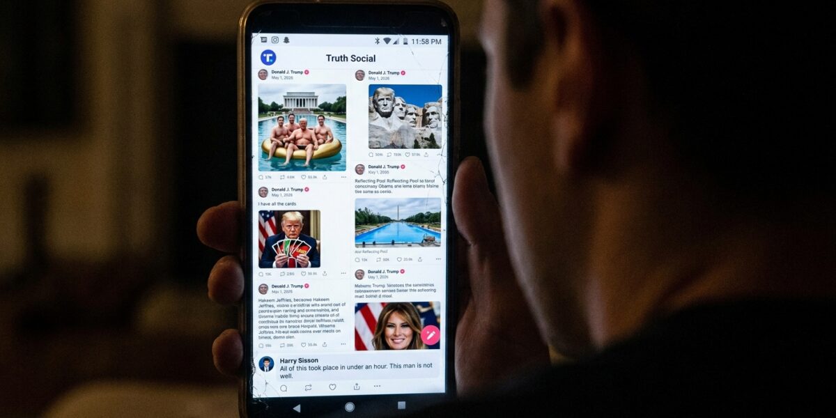Image for: The President Of The United States Posted An AI Image Of Himself Shirtless On A Golden Floatie In The Lincoln Memorial Reflecting Pool With JD Vance, Marco Rubio, And Doug Burgum At 11:03 PM On A Thursday; He Also Posted Mount Rushmore, UNO Cards, And An Attack On Hakeem Jeffries; This All Happened In Under An Hour; The Reflecting Pool Is Currently Being Coated In 'American Flag Blue'; Douglas Has The Structural Analysis