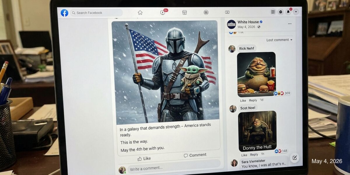 Image for: The White House Posted An AI Image Of The President As The Mandalorian Holding Baby Yoda And An American Flag; The Internet Responded With The President As Jabba The Hutt Eating McDonald's; The Jabba Version Got More Likes; The White House Said 'This Is The Way'; The Comments Section Found A Different Way; Happy May The Fourth