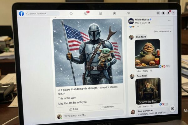 Image for: The White House Posted An AI Image Of The President As The Mandalorian Holding Baby Yoda And An American Flag; The Internet Responded With The President As Jabba The Hutt Eating McDonald's; The Jabba Version Got More Likes; The White House Said 'This Is The Way'; The Comments Section Found A Different Way; Happy May The Fourth