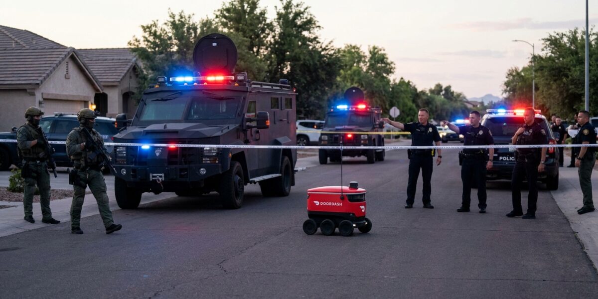 Image for: An Autonomous Food Delivery Robot Operated By DoorDash Rolled Through The Middle Of An Active SWAT Standoff In Chandler, Arizona, Disregarded Police Commands To Vacate The Area, And Reportedly Refused To Leave; The Robot Is Named Dot; It Is Red; It Is About Five Feet Long; It Is Built On Six Wheels; It Was Trying To Deliver Food; Brent Has Driven Through Arizona Twice; Brent Has Driven Past A Chandler Exit Once; Brent Is Going To Cover This Story Anyway