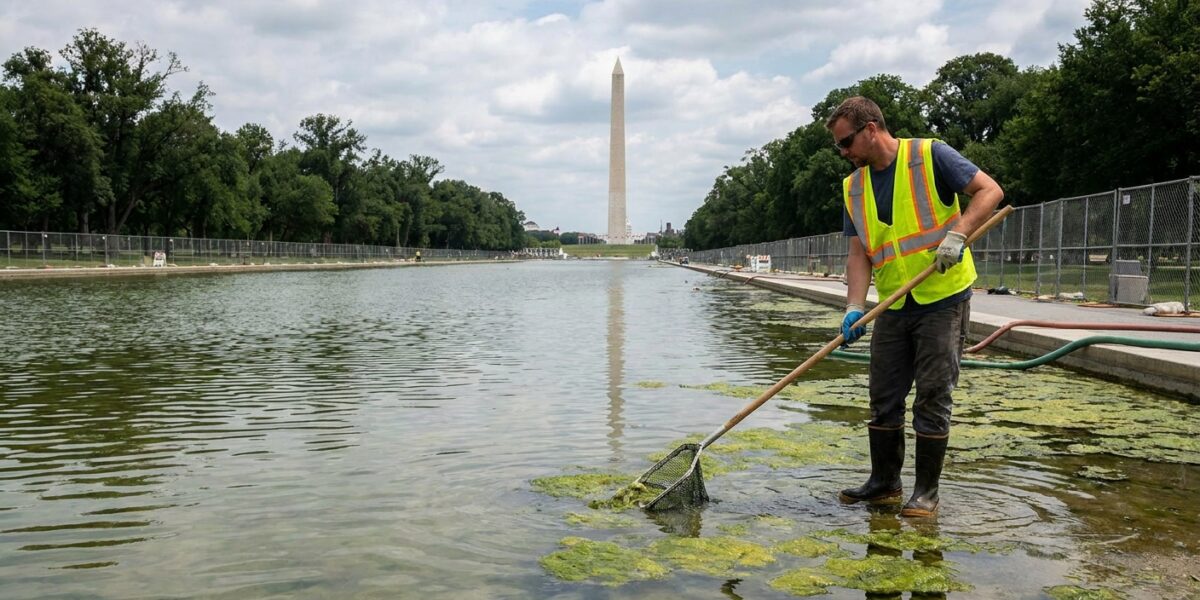 Image for: Trump Spent Fourteen-Point-Two Million Dollars Of Federal Money Renovating The Lincoln Memorial Reflecting Pool, Declared The Project Complete, Had The White House Post 'The Reflecting Pool Is Reflecting' Before The Pool Had Finished Filling With Water, And Then Within Twenty-Four Hours The Pool Was Coated With Algae Again; The Interior Department Has Described The Algae As 'Residual' And Part Of The 'Normal Startup Process'; The Nanobubbler Filtration System Was Supposed To Prevent This Exact Outcome; Douglas Would Like To Note That The Pool Is, Per Every Available Photograph, Not Reflecting Anything